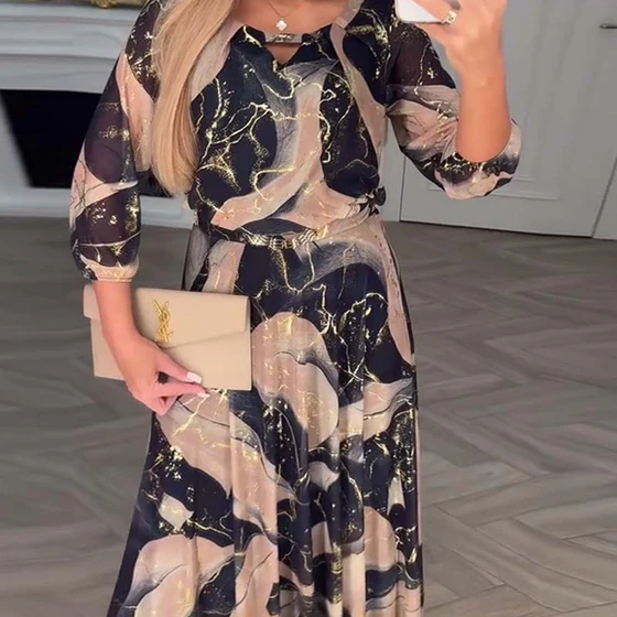 Elegant Three Quarter Sleeve Printed Waist Dress