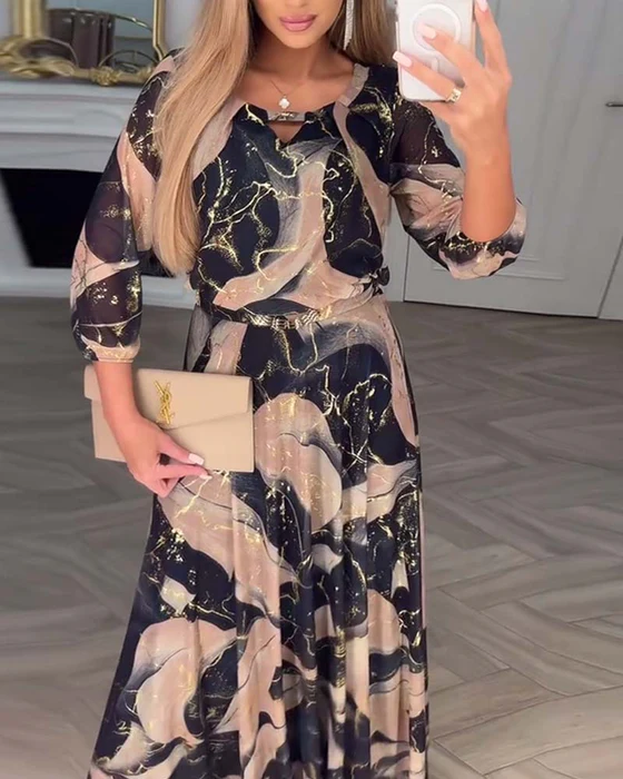 Elegant Three Quarter Sleeve Printed Waist Dress