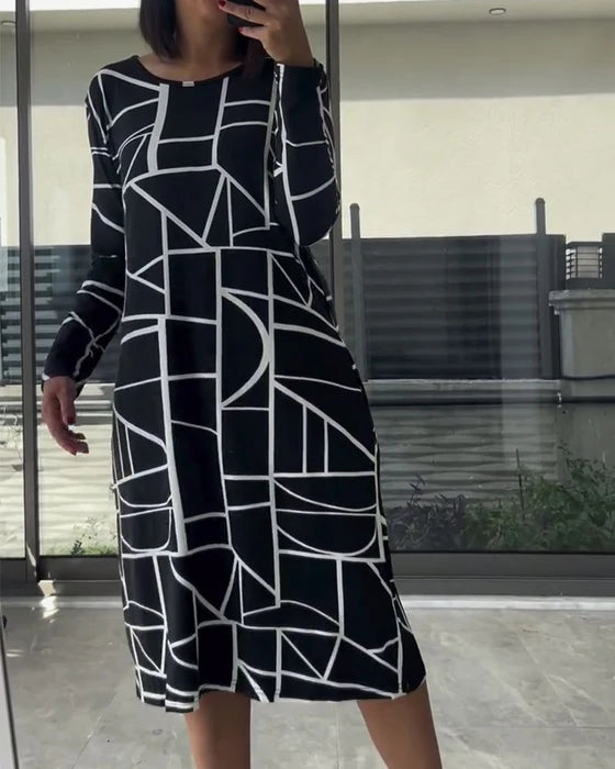 Casual Printed Long Sleeve Dress with Round Neckline (