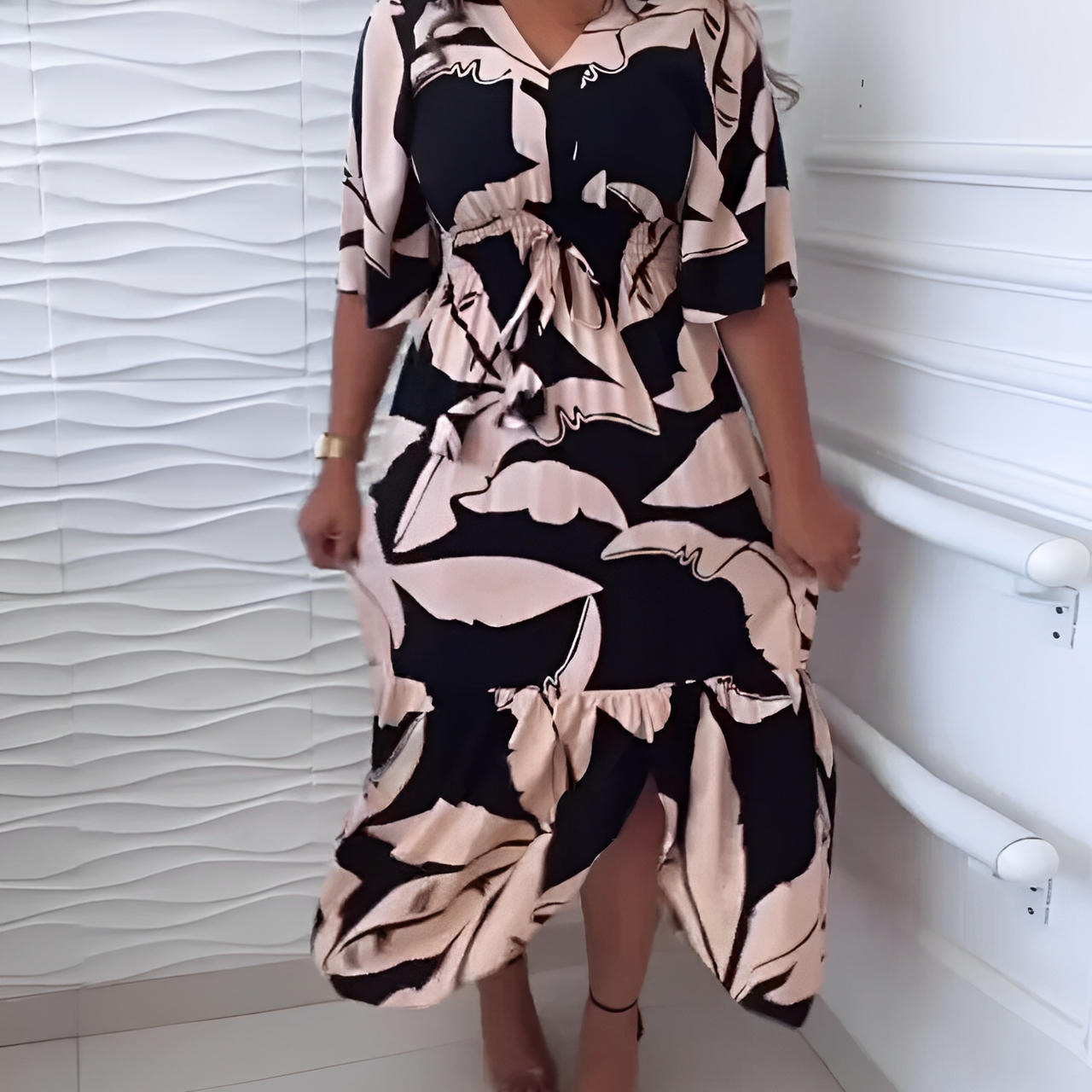 Elegant V-Neck Dress with 3/4 Sleeves and Tie Detail