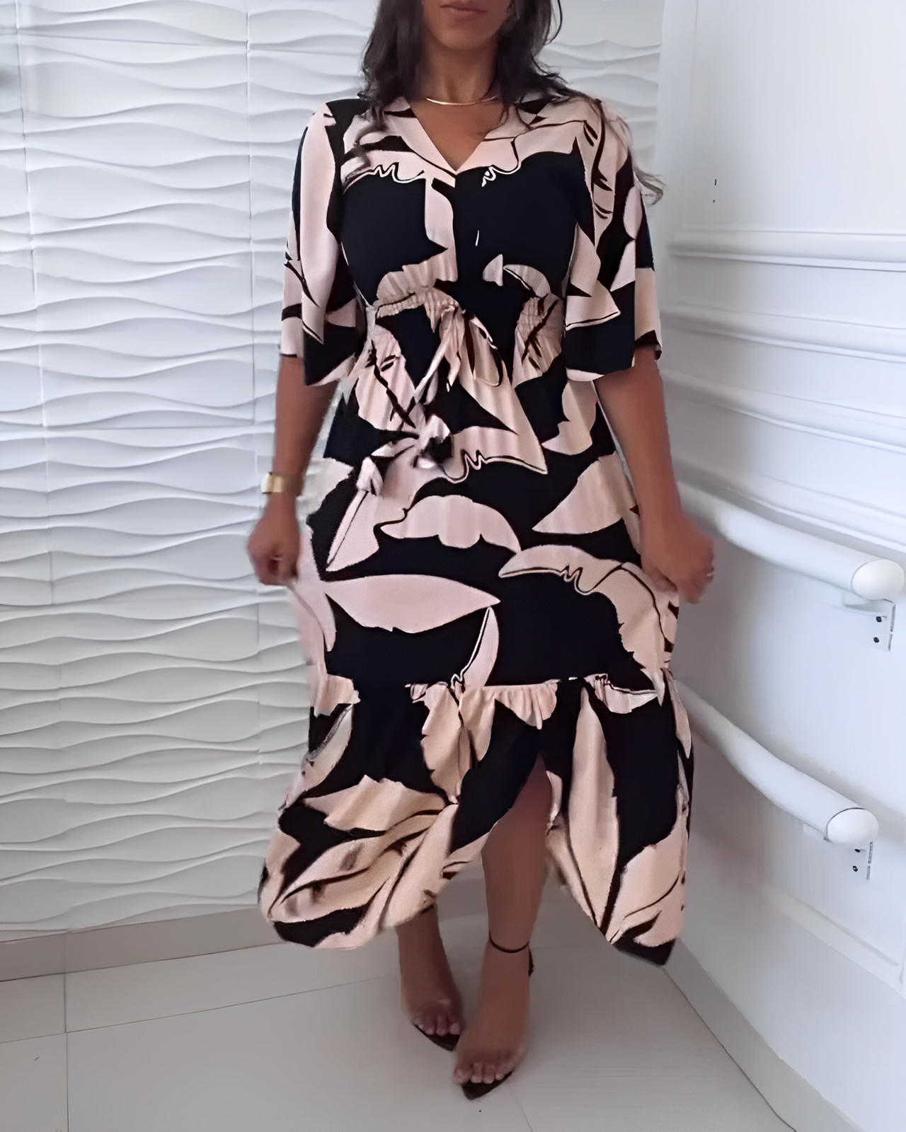 Elegant V-Neck Dress with 3/4 Sleeves and Tie Detail