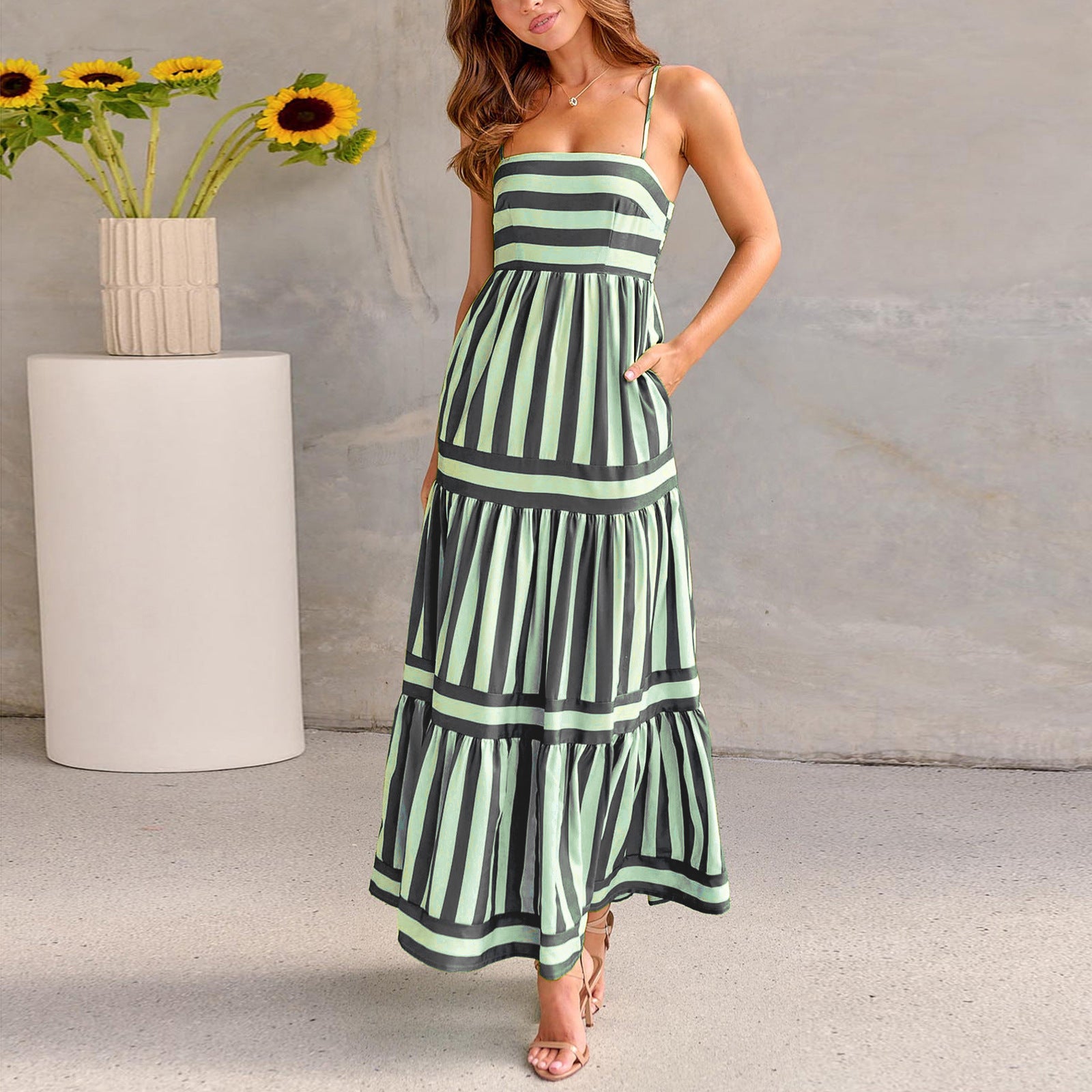 Summer Striped Suspender Maxi Dress