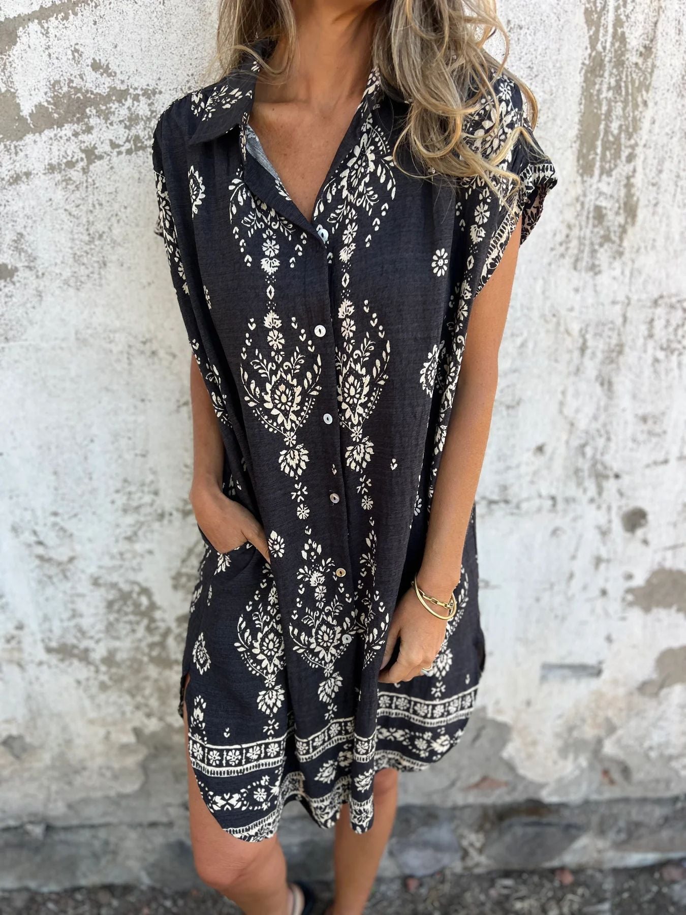 Loose Lapel Sleeveless Shirt Dress with Ethnic Print & Button Detail