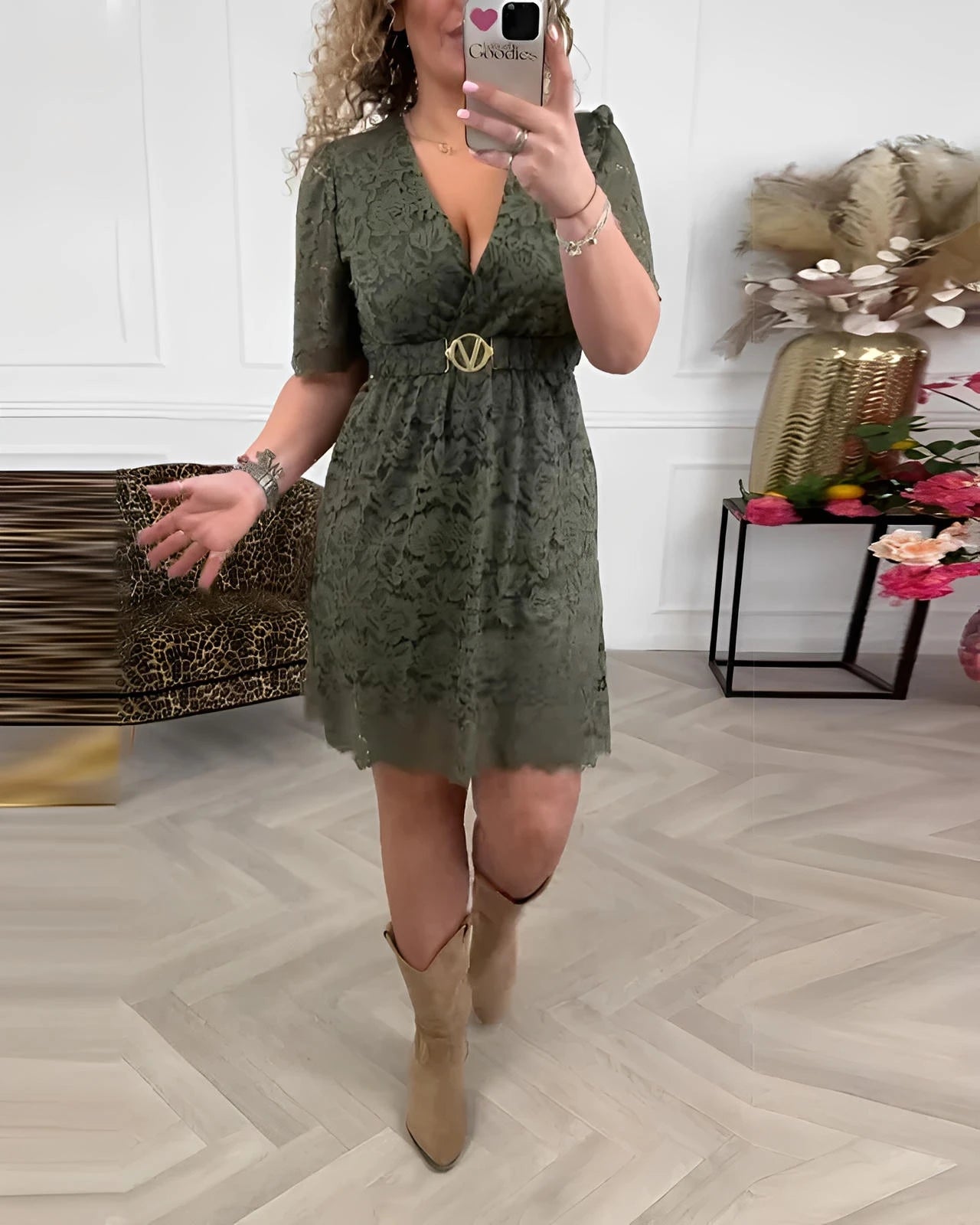 V-Neck Midi Dress with Lace Short Sleeves & Fitted Waist