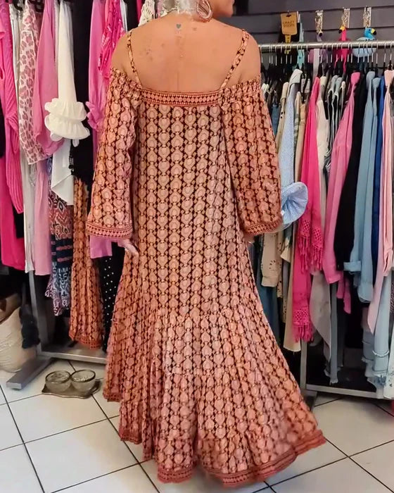 Boho Spaghetti Strap Loose-Fit Midi Dress with Flowy Silhouette