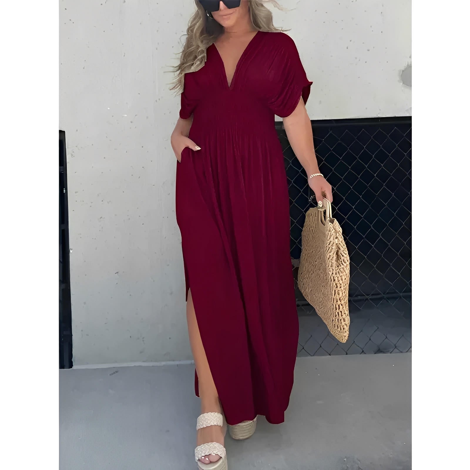 Bat Sleeve V-Neck Maxi Dress with Side Slit and Elastic Waist