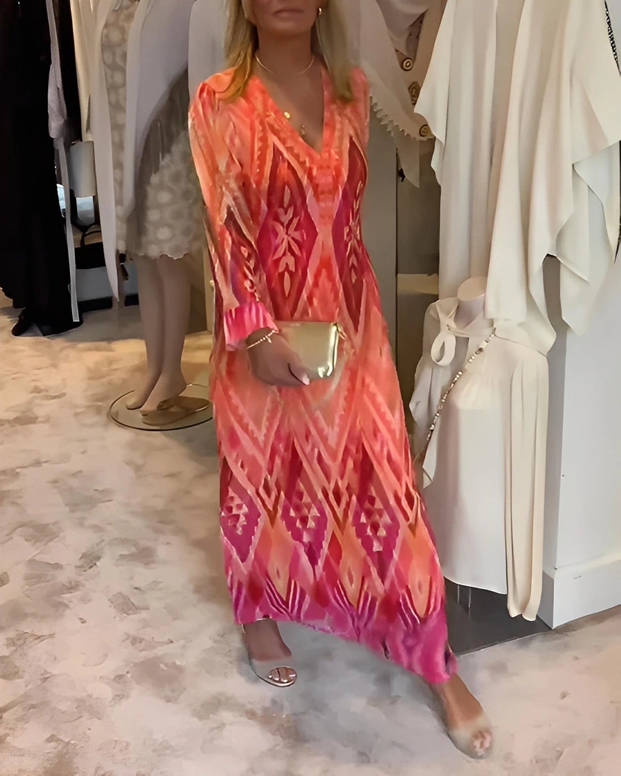 Deep V-Neck Long Sleeve Dress with Retro Geometric Print