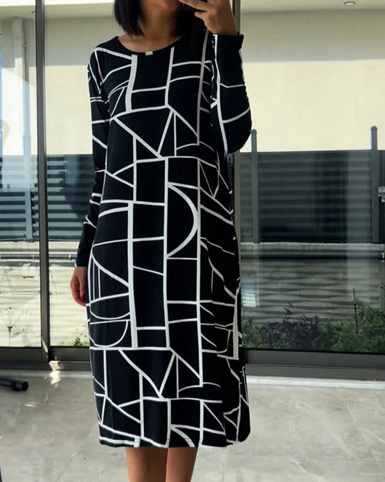 Casual Printed Long Sleeve Dress with Round Neckline (