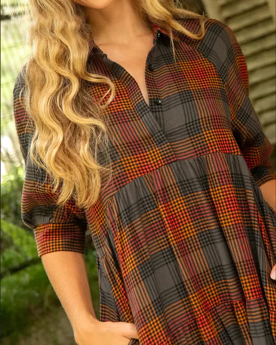 Plaid Lapel Collar Dress with Half Sleeves & Button Detail