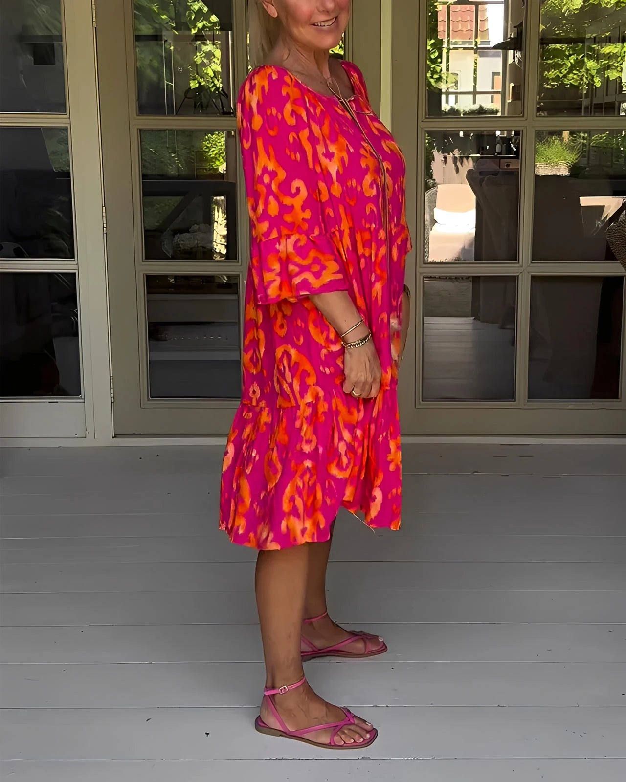 Printed Dress with Bell Sleeves & Relaxed Fit Silhouette