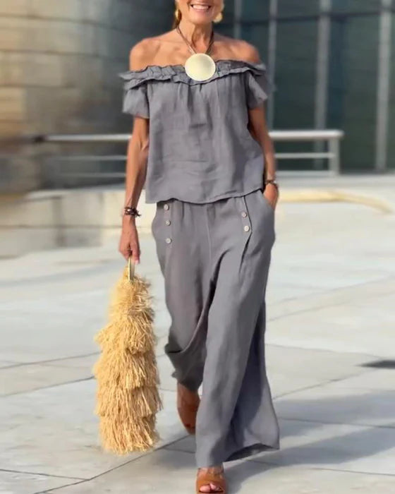 Elegant Off-Shoulder Two-Piece Set with Slim Fit Silhouette