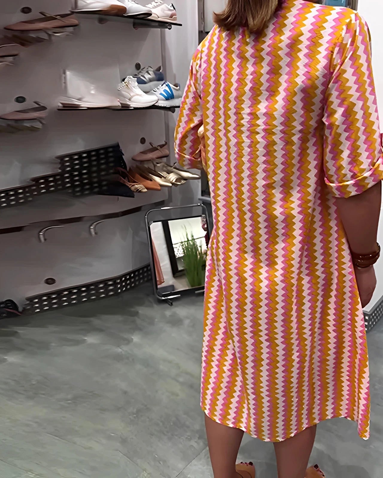 Wave Pattern Knit Dress with Long Sleeves and Side Split