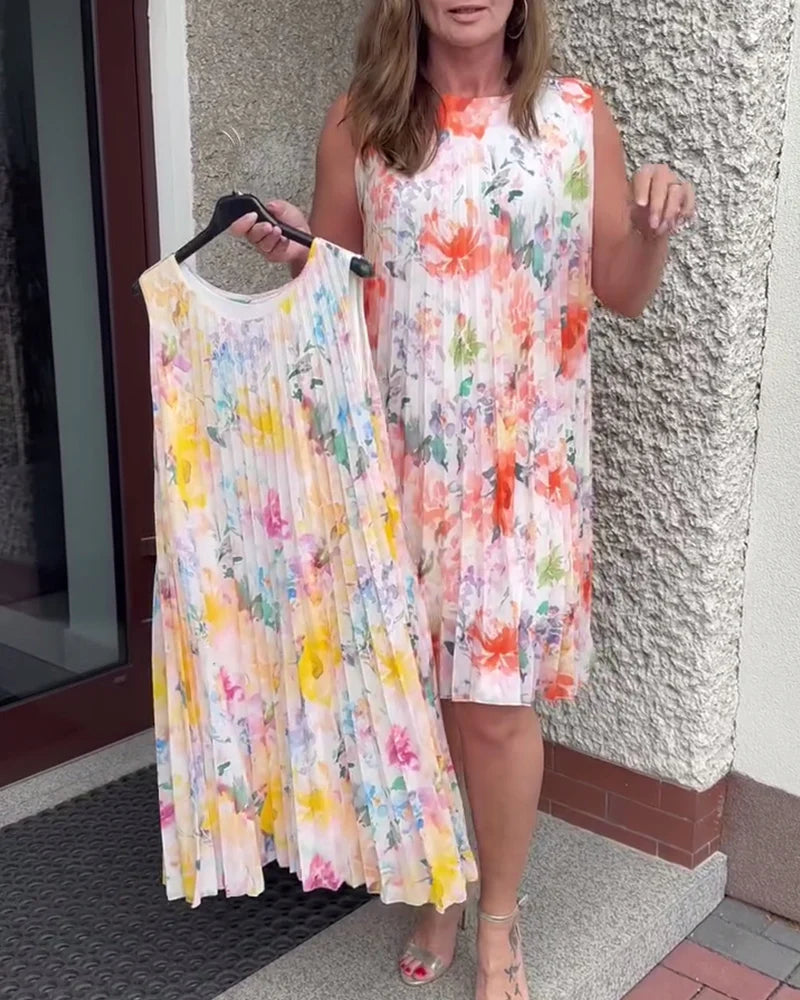 Sleeveless Pleated Floral Print Midi Dress with Defined Waist