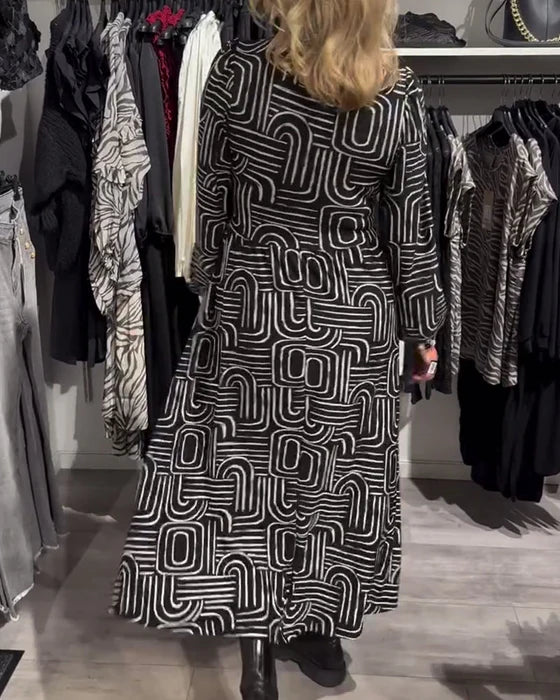 Printed Dress with Lapel Collar & Fashion Detailing