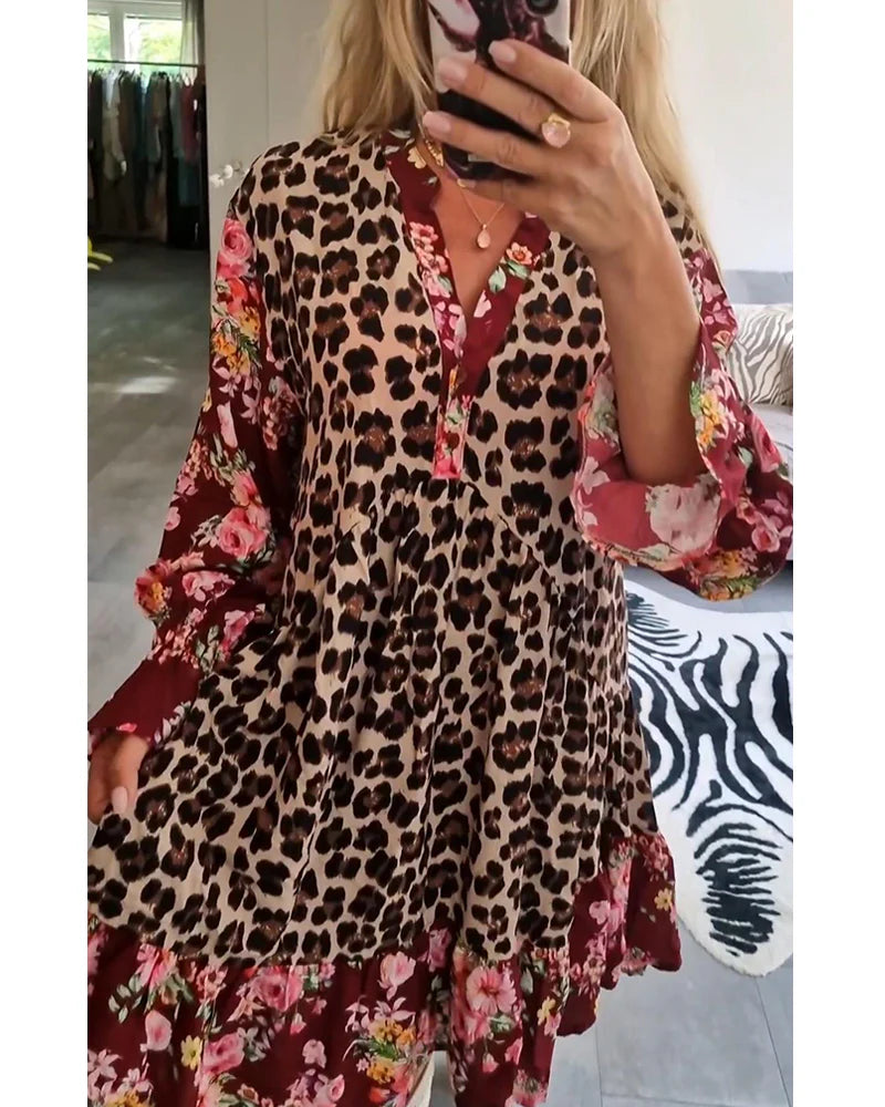 Trendy Bell Sleeve Dress with Leopard & Floral Print