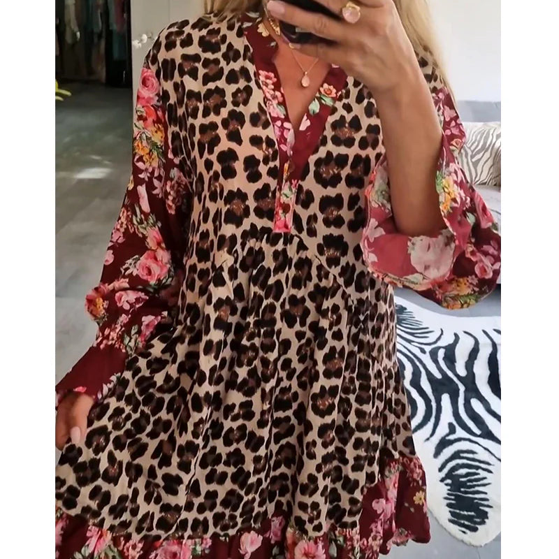 Trendy Bell Sleeve Dress with Leopard & Floral Print