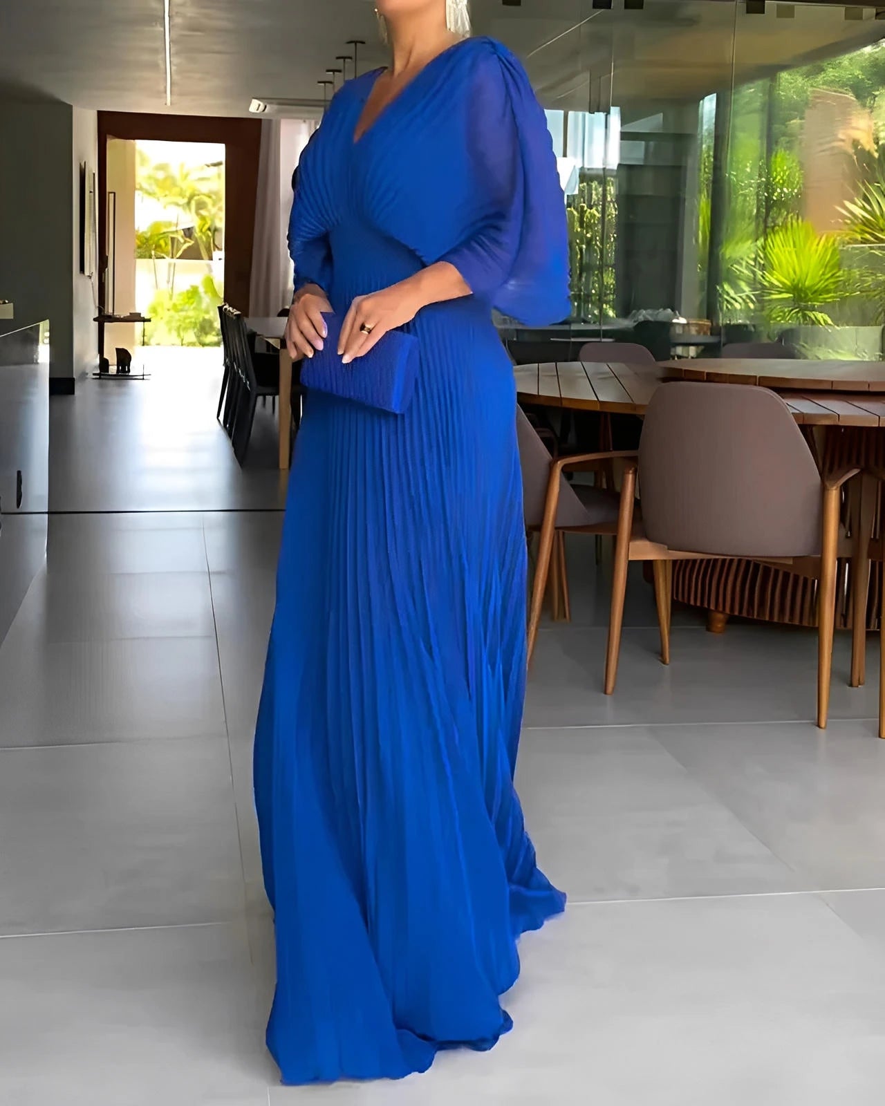 Pleated Midi Dress with Fitted Waist & Short Sleeves