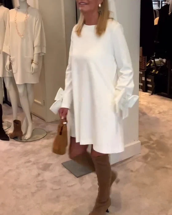 Fashion Round Neck Dress with Bow Sleeve Detail & Relaxed Fit