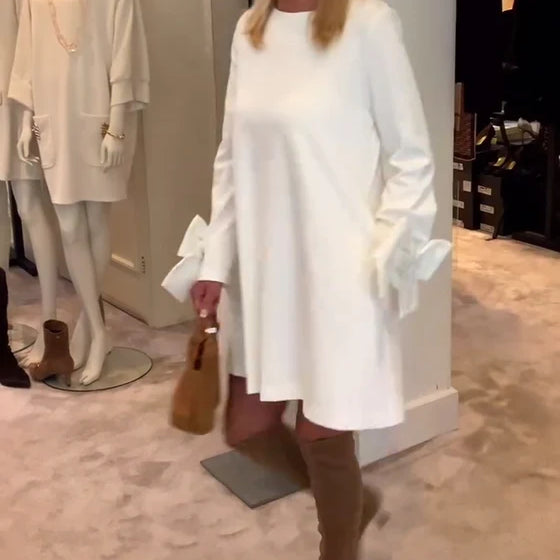 Fashion Round Neck Dress with Bow Sleeve Detail & Relaxed Fit