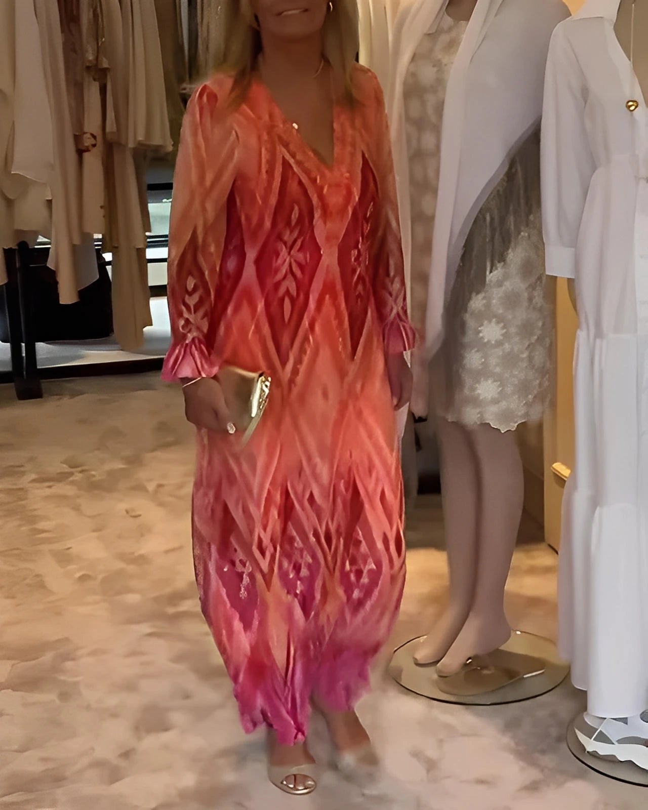 Deep V-Neck Long Sleeve Dress with Retro Geometric Print