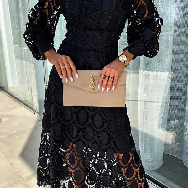 Elegant Romantic Lace Midi Dress with Sheer Sleeves