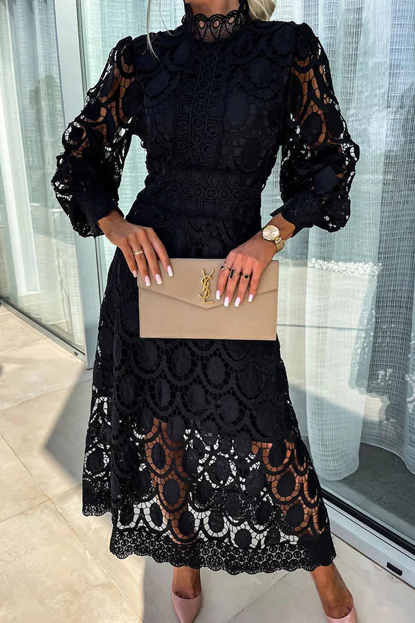 Elegant Romantic Lace Midi Dress with Sheer Sleeves