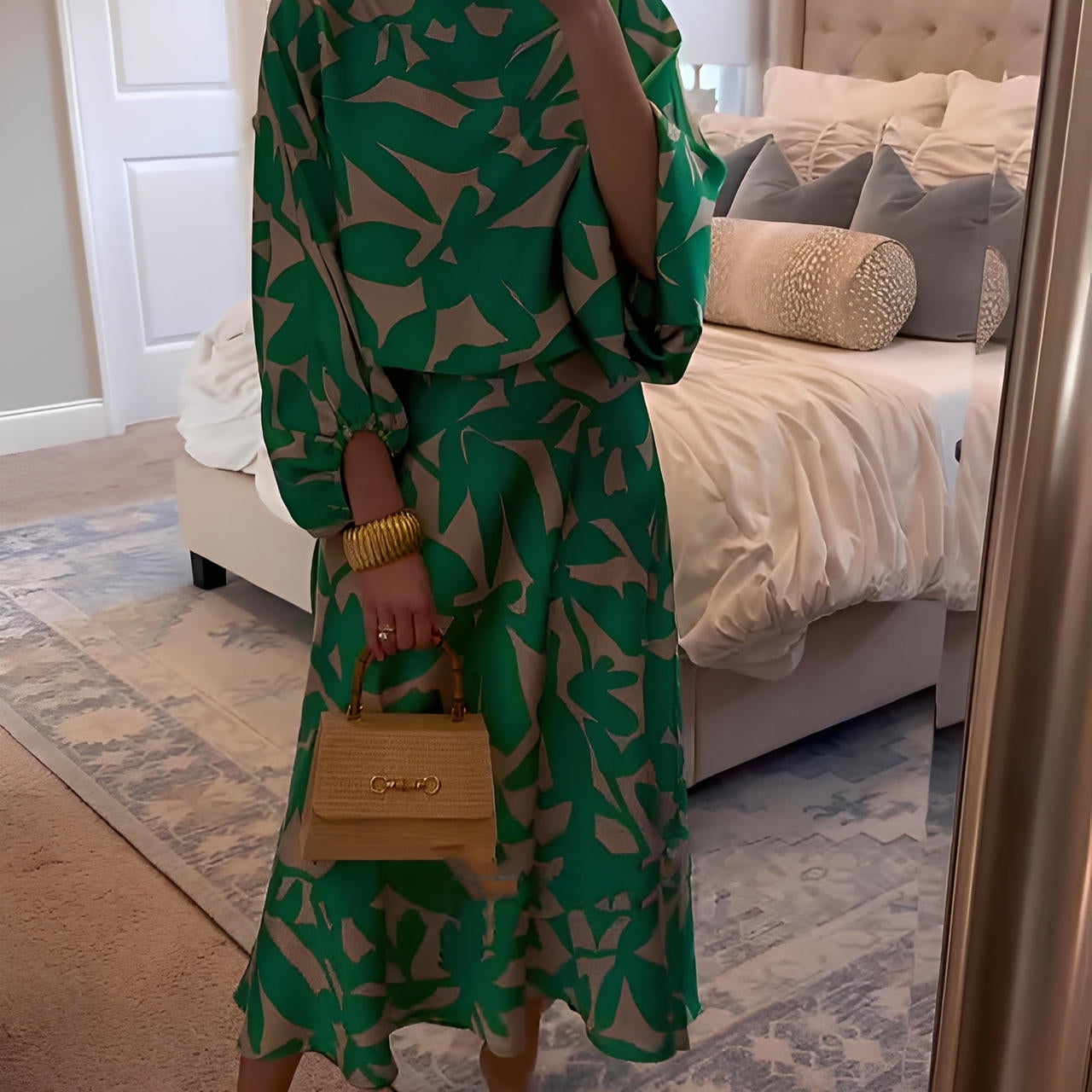 Printed Two-Piece Set Dress with Relaxed Fit & Lantern Sleeves