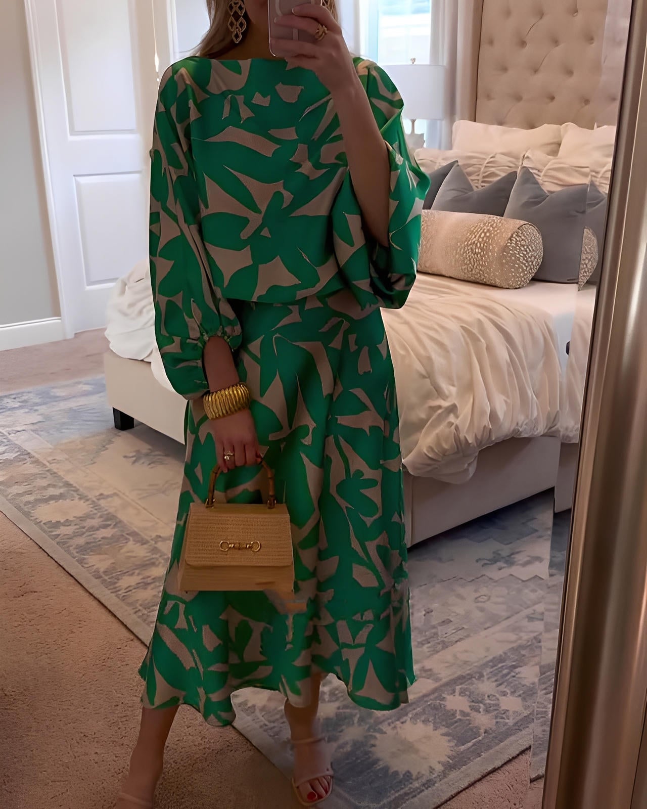 Printed Two-Piece Set Dress with Relaxed Fit & Lantern Sleeves