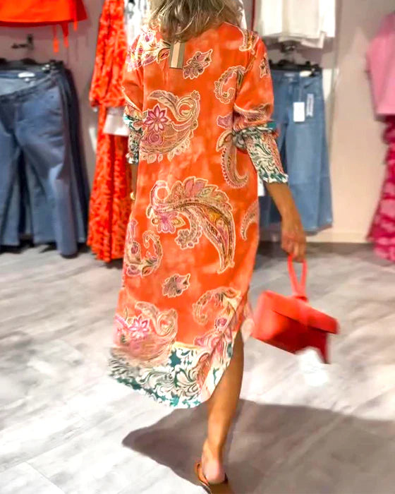 High Neck Long Sleeve Dress with Cashew Paisley Print