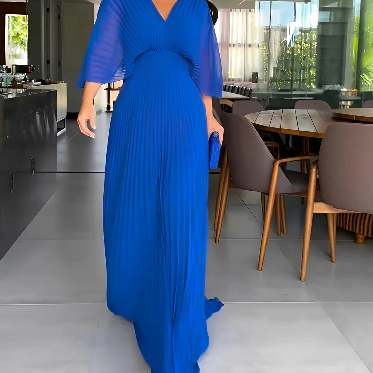 Pleated Midi Dress with Fitted Waist & Short Sleeves