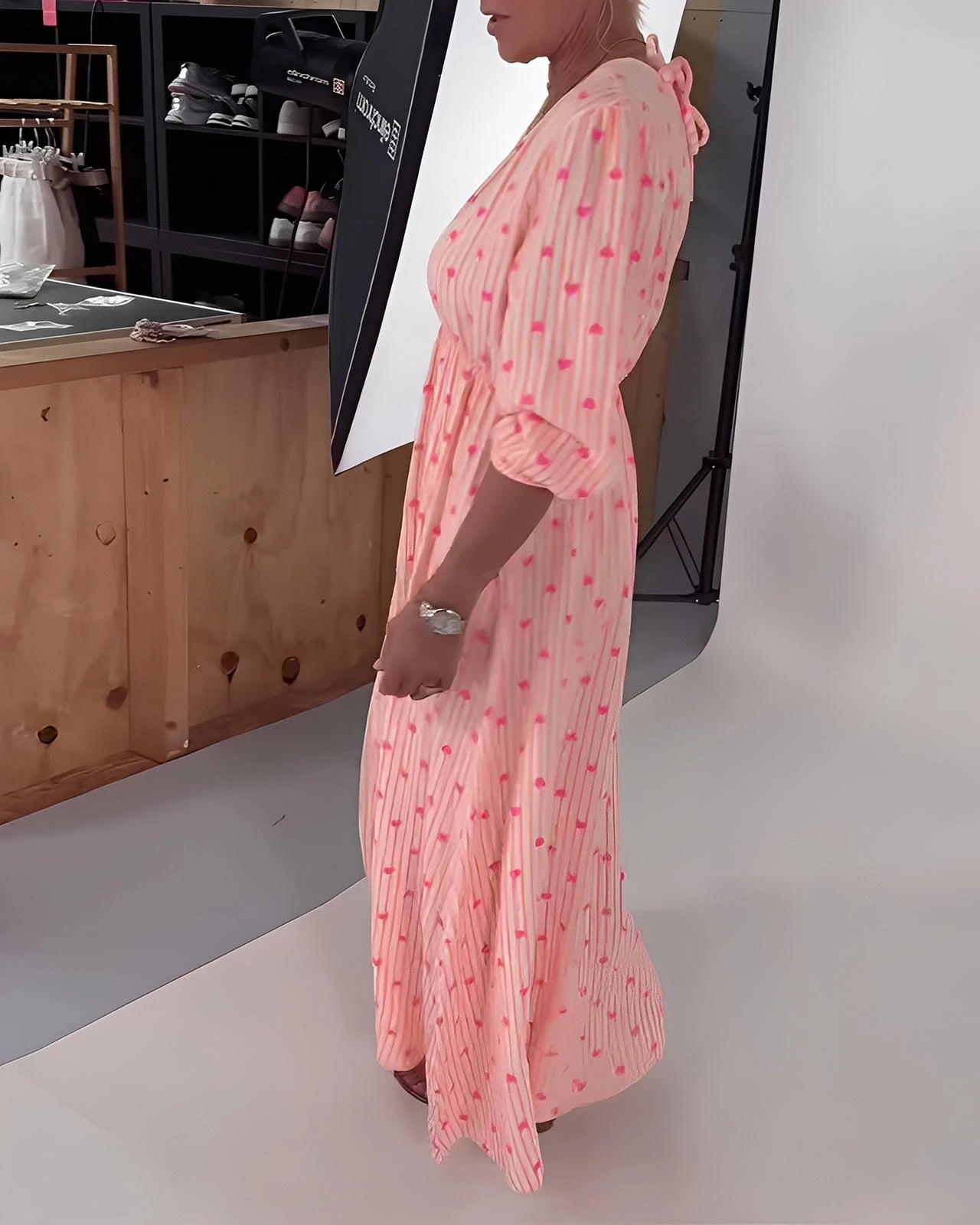 Elegant V-Neck Dress with Heart Print & Short Sleeves