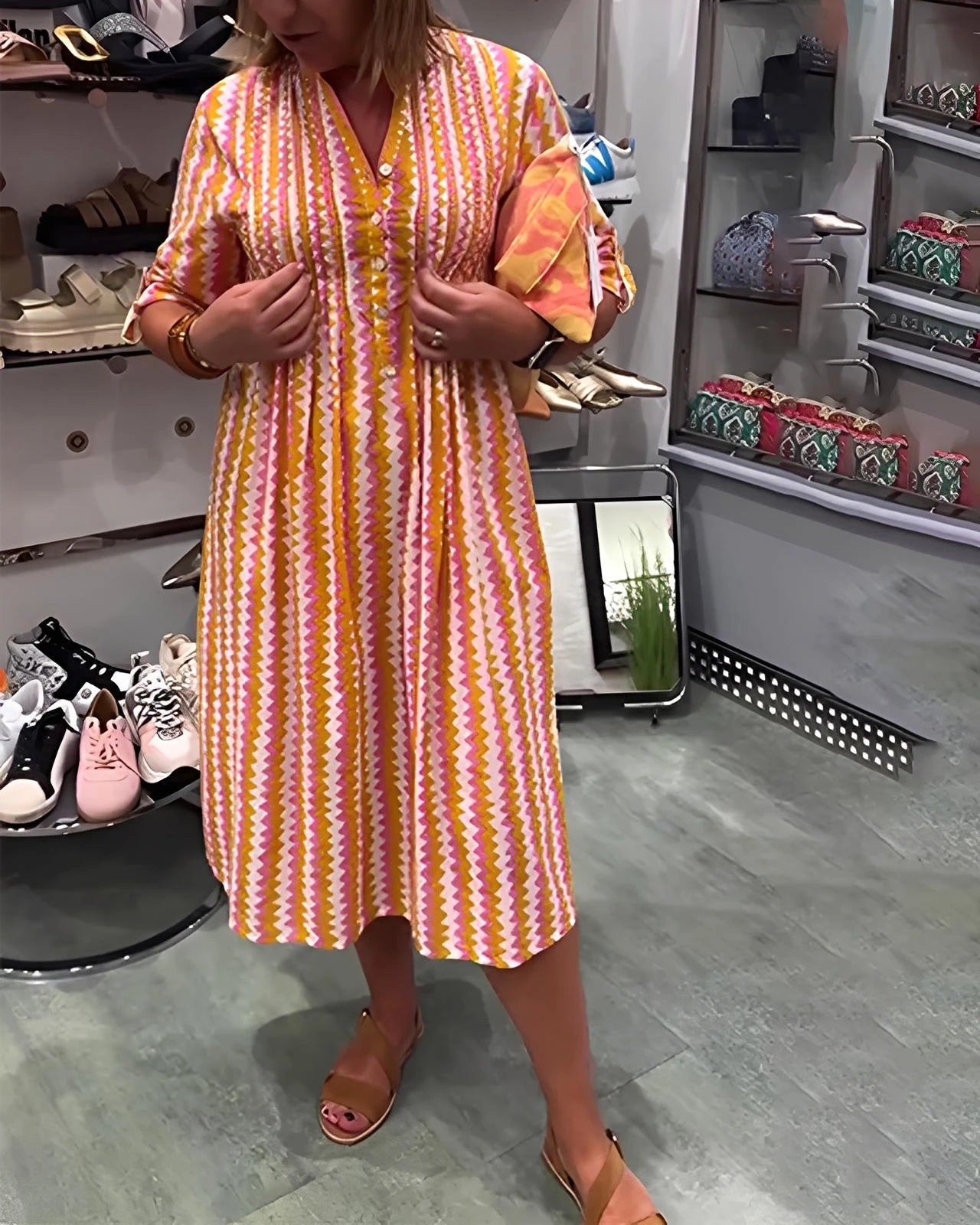 Wave Pattern Knit Dress with Long Sleeves and Side Split