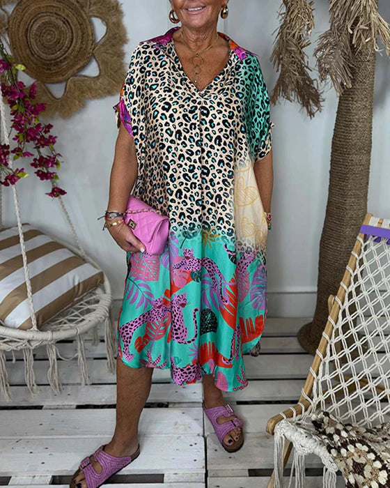 Leopard Print Dress with Lapel Collar & Pocket Detail