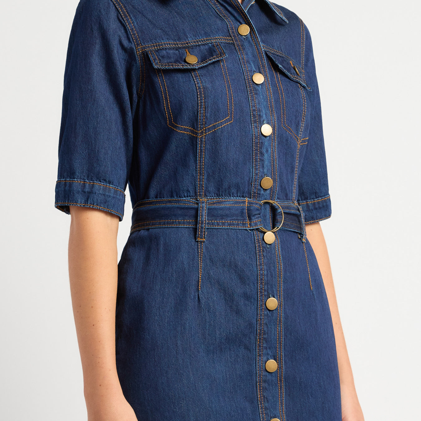Contrast Stitching Button-Up Denim Dress
