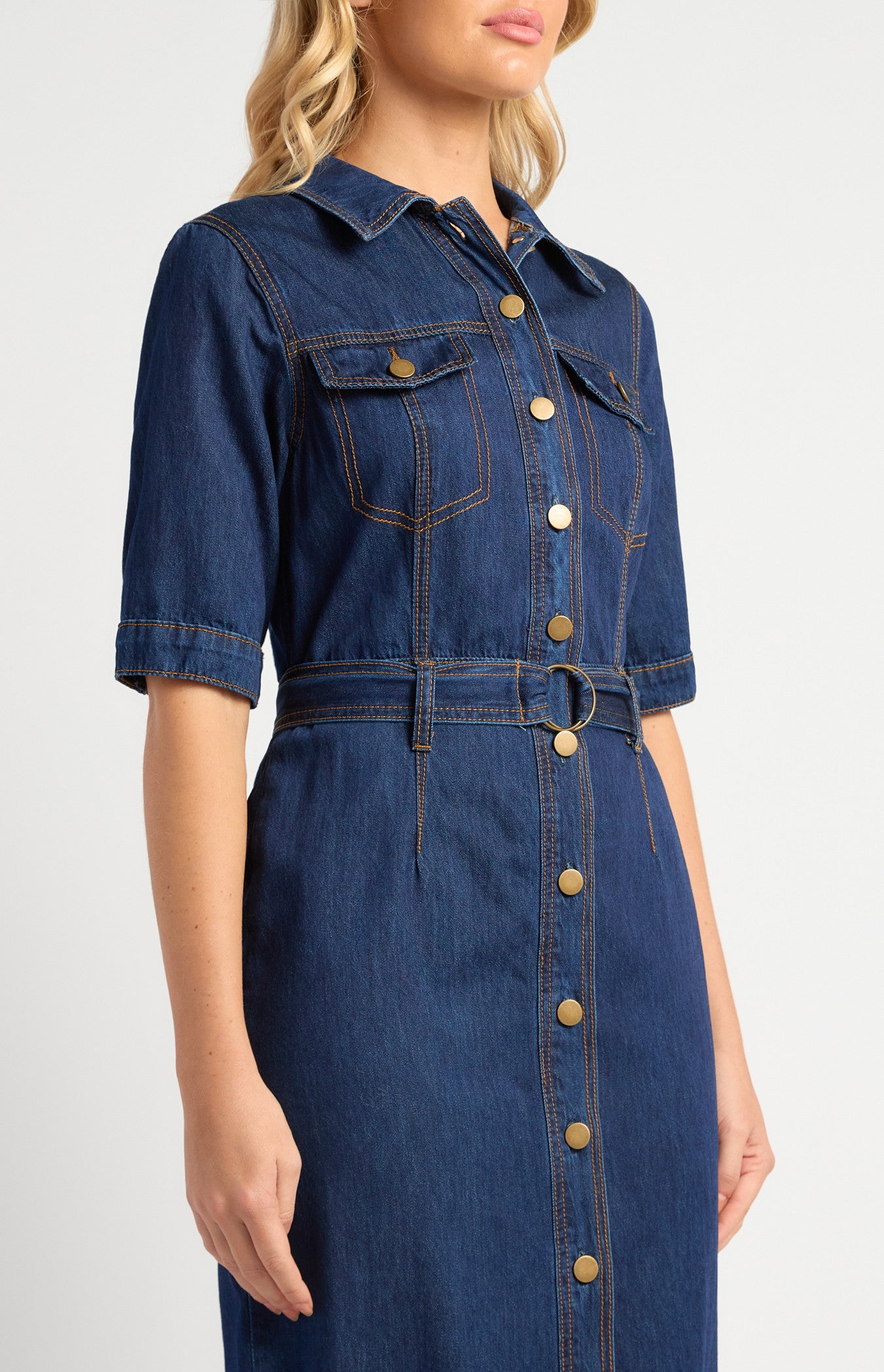 Contrast Stitching Button-Up Denim Dress