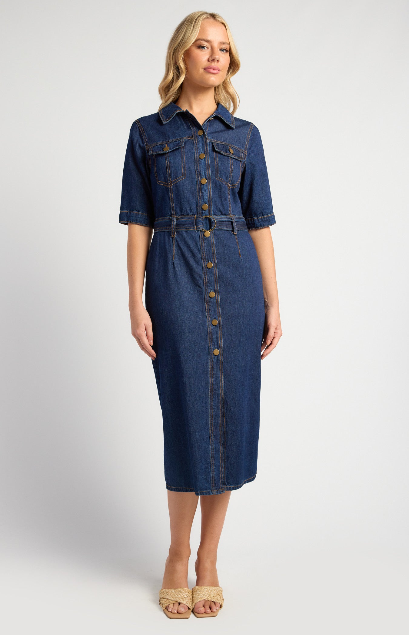 Contrast Stitching Button-Up Denim Dress