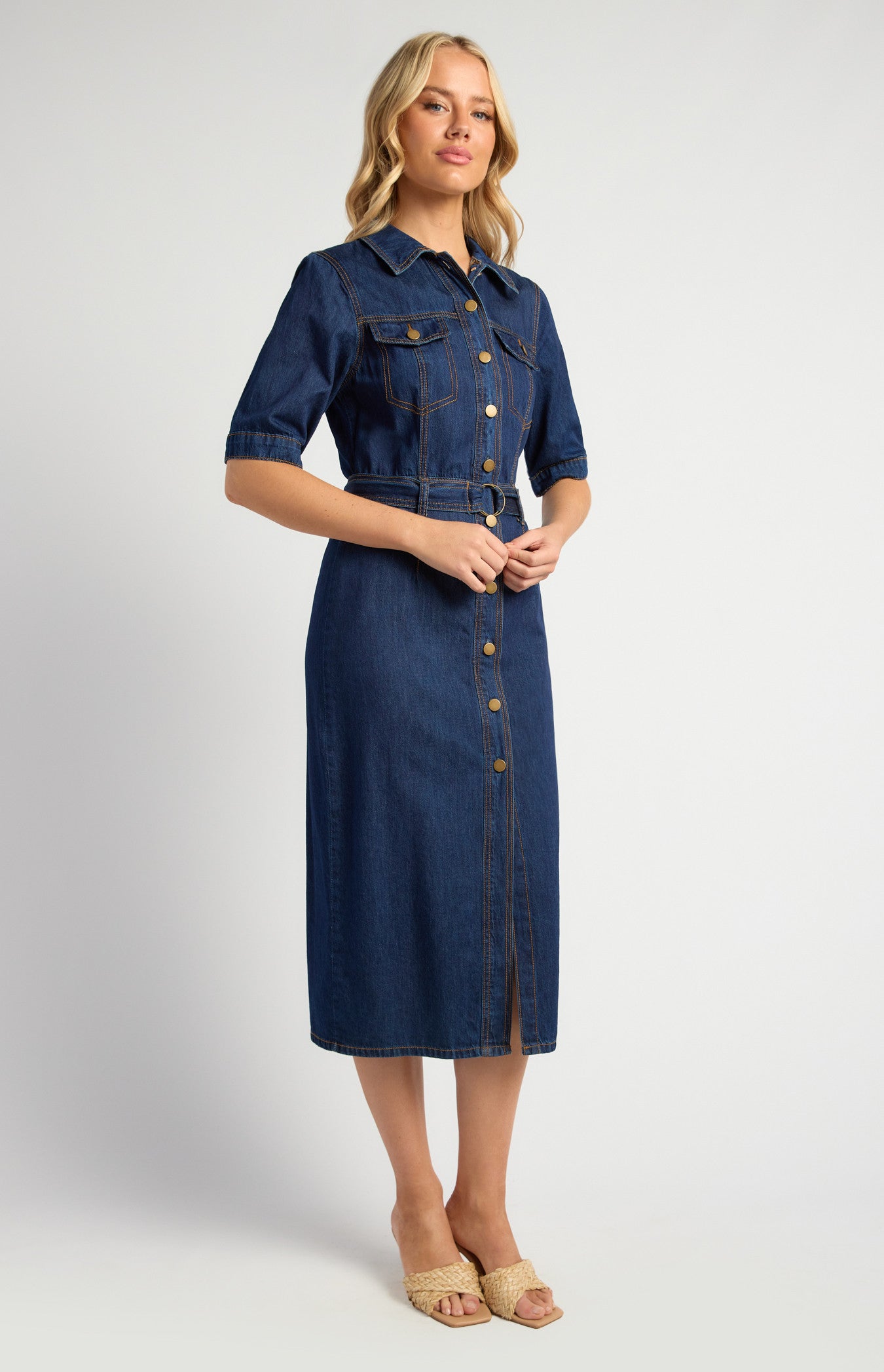 Contrast Stitching Button-Up Denim Dress