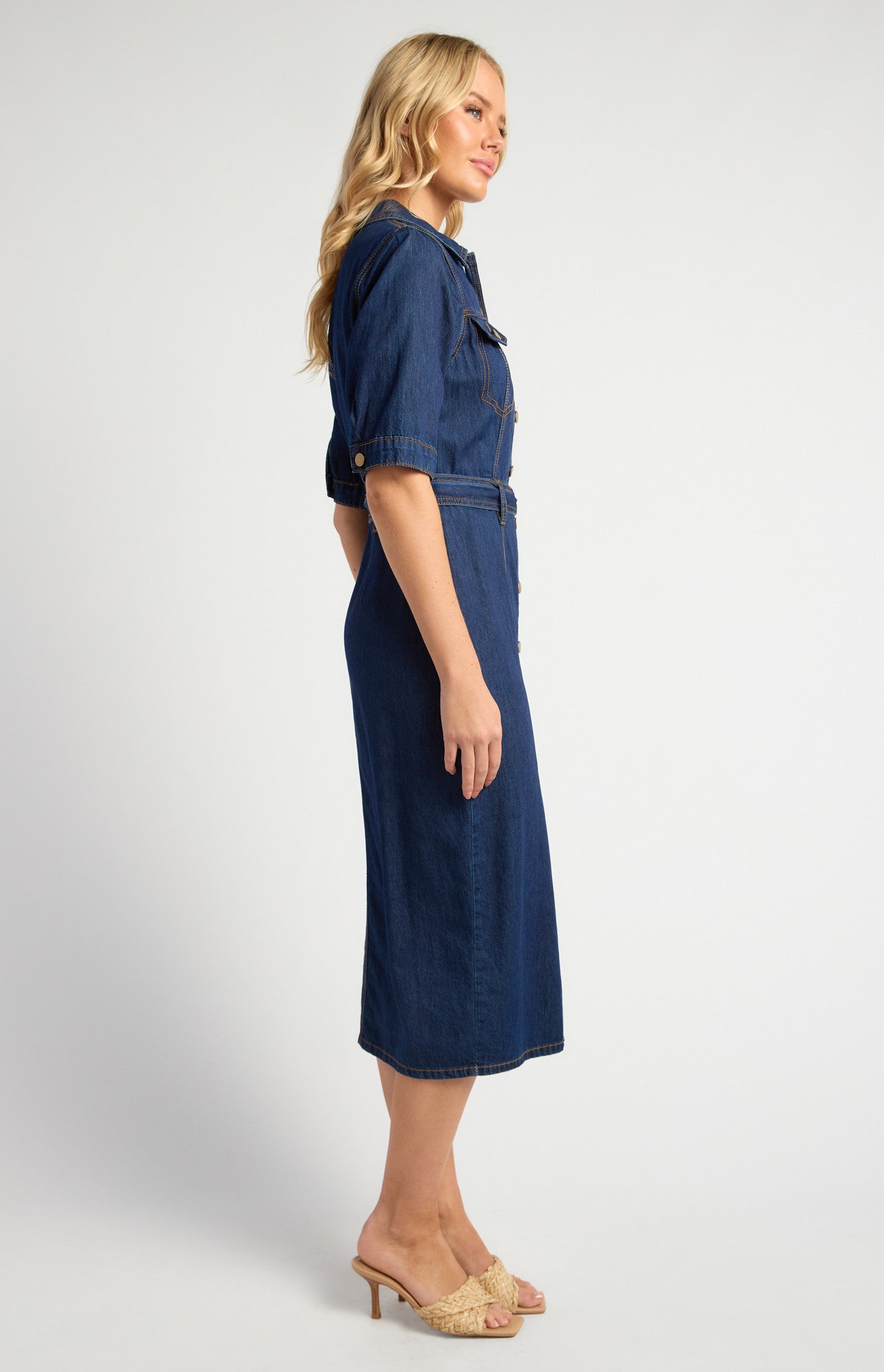 Contrast Stitching Button-Up Denim Dress