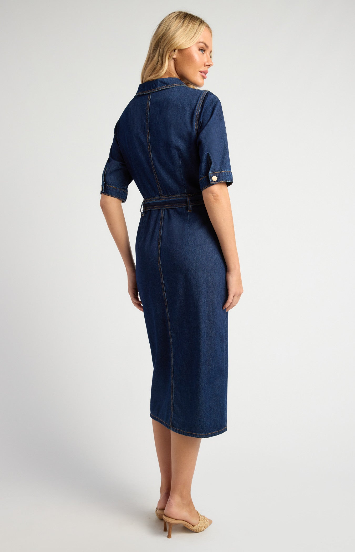Contrast Stitching Button-Up Denim Dress