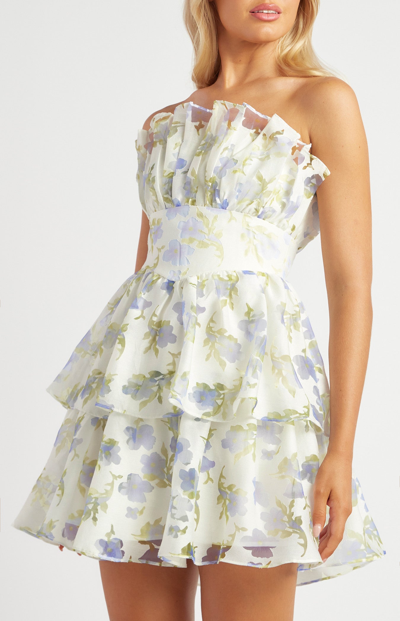 Ruffled Neckline Strapless Floral Organza Dress