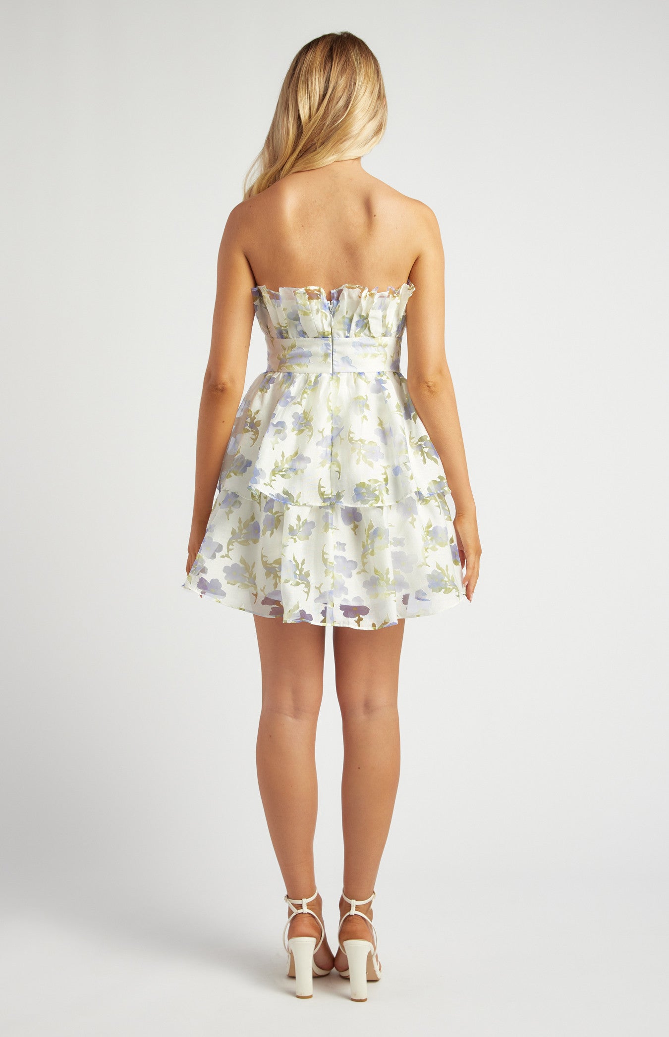 Ruffled Neckline Strapless Floral Organza Dress