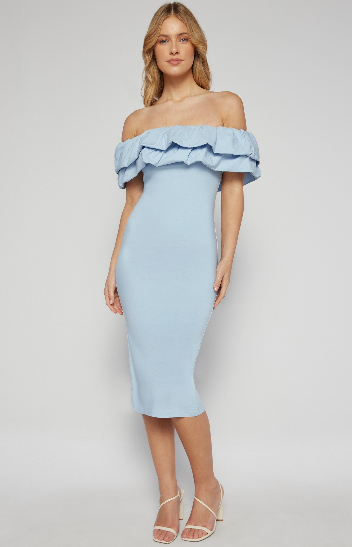 Off Shoulder Layered Ruffle Neckline Bodycon Dress CITRINE & CIPHER Off Shoulder Layered Ruffle Neckline Bodycon Dress CITRINE & CIPHER