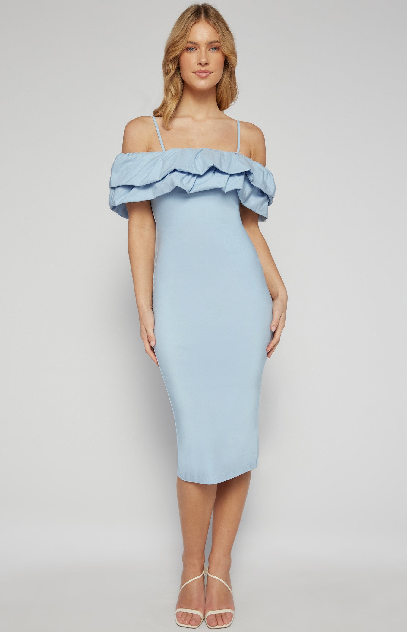 Off Shoulder Layered Ruffle Neckline Bodycon Dress