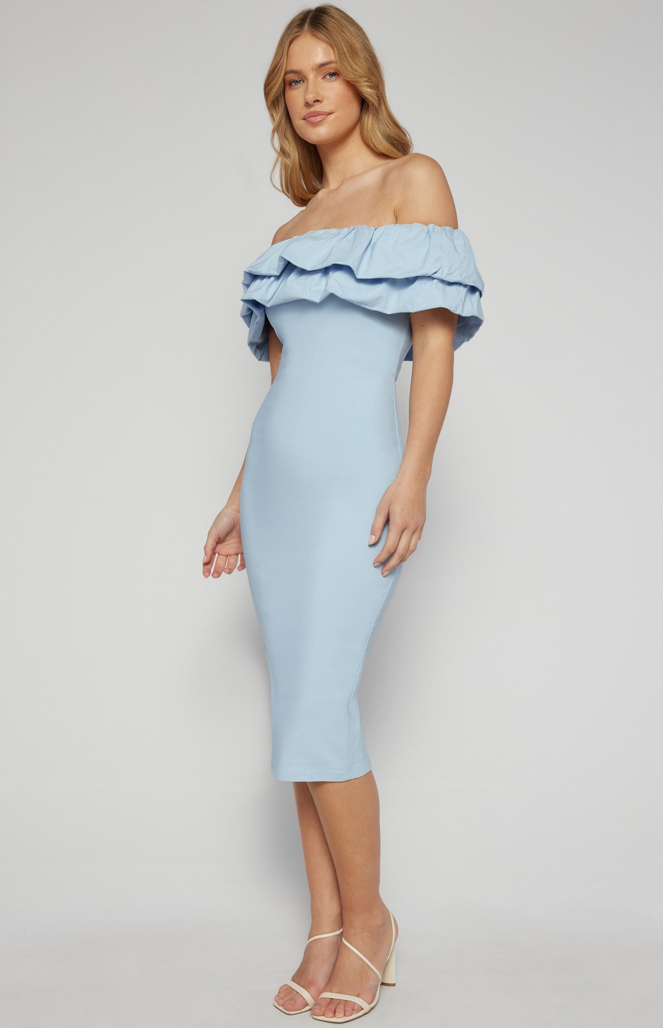 Off Shoulder Layered Ruffle Neckline Bodycon Dress