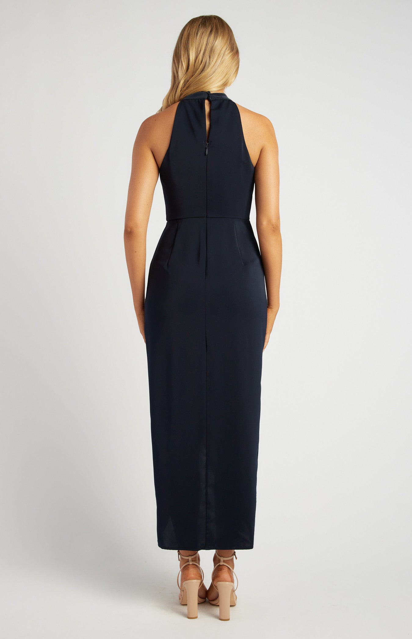 Halter Neckline Satin Midi Dress with Tulip Hem