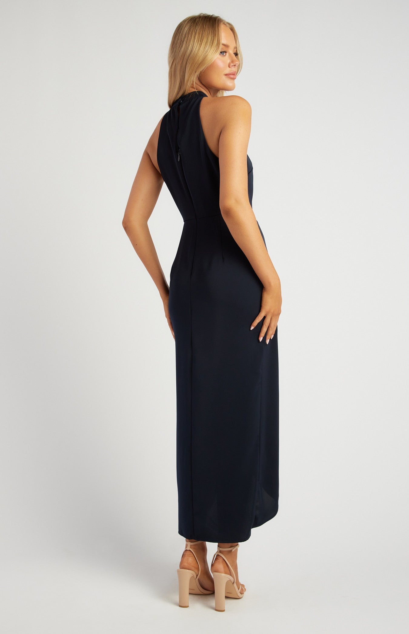 Halter Neckline Satin Midi Dress with Tulip Hem