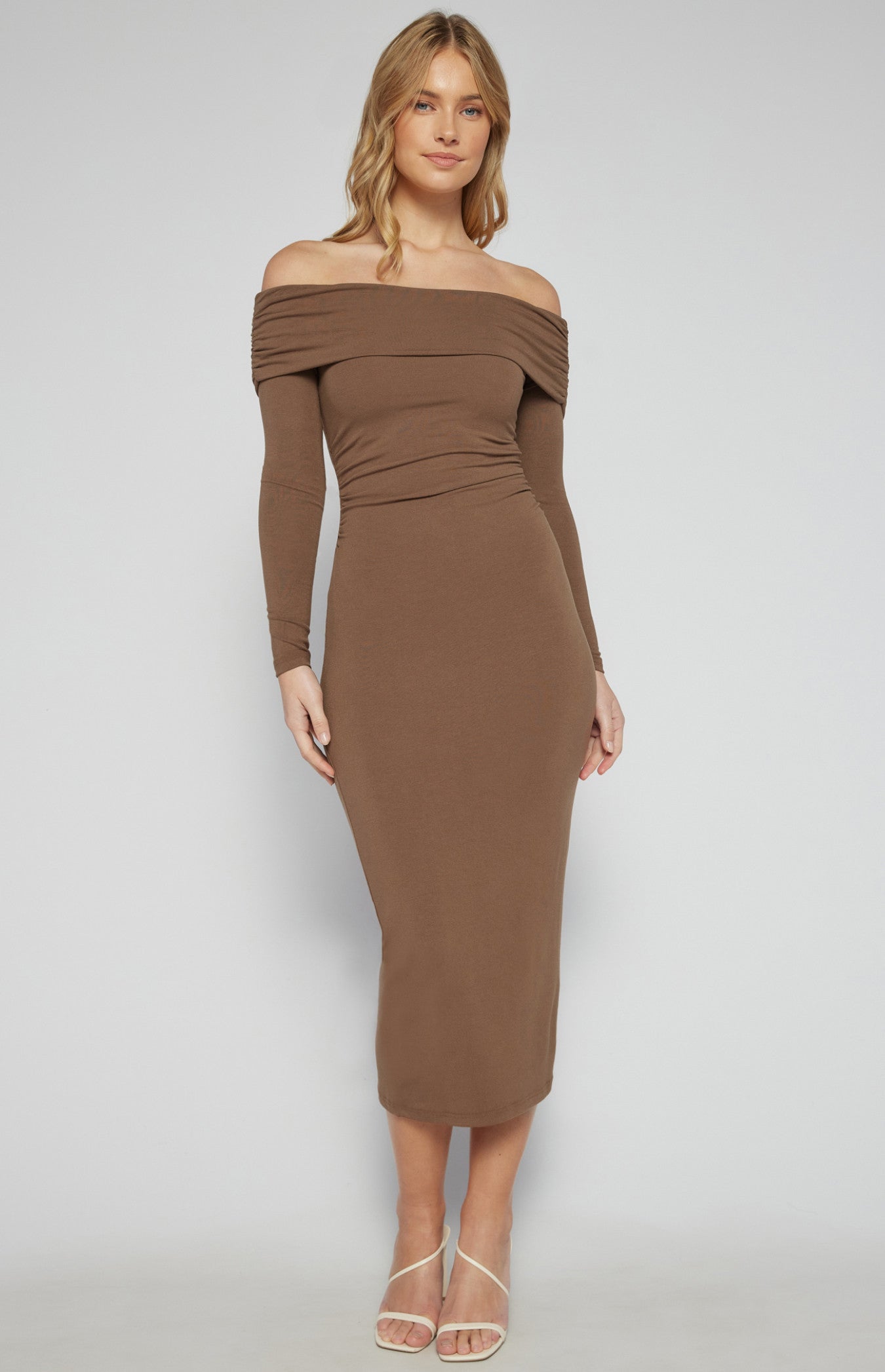 Off-Shoulder Jersey Midi Dress with Ruche