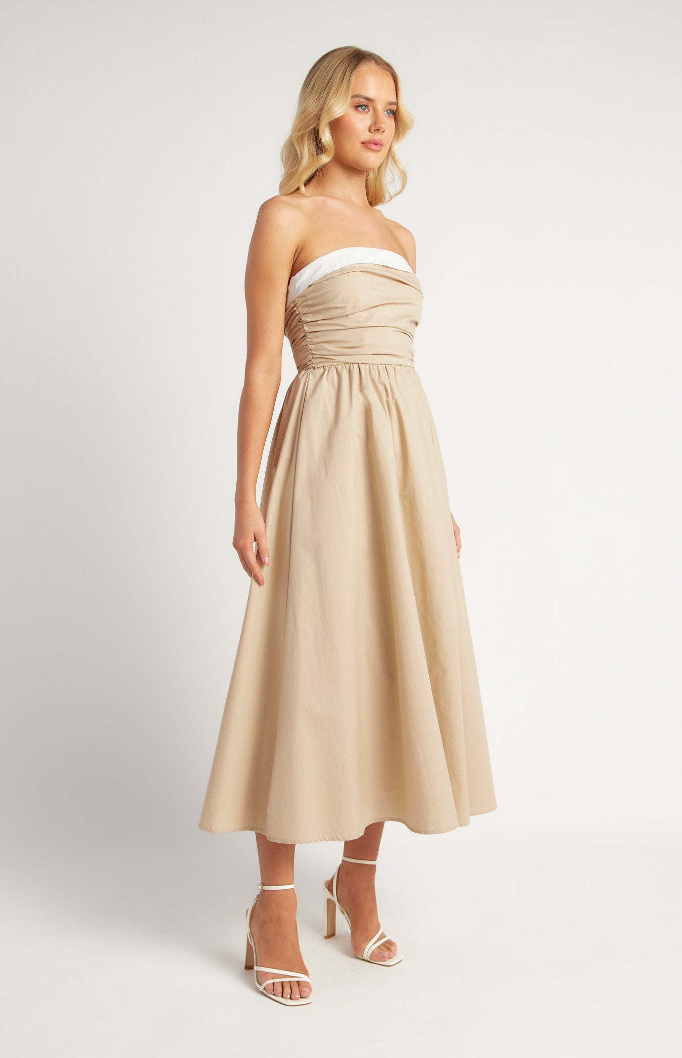 Cotton Contrast Neckline Ruched Bodice Midi Dress