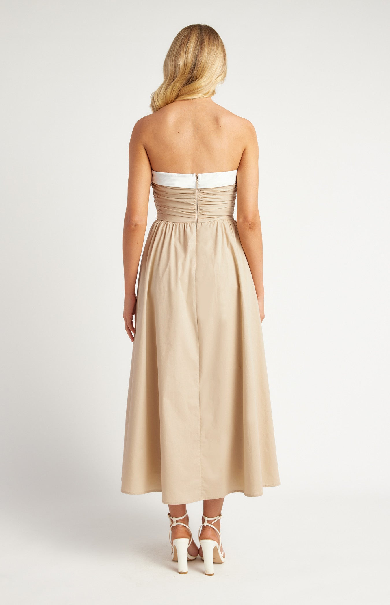 Cotton Contrast Neckline Ruched Bodice Midi Dress