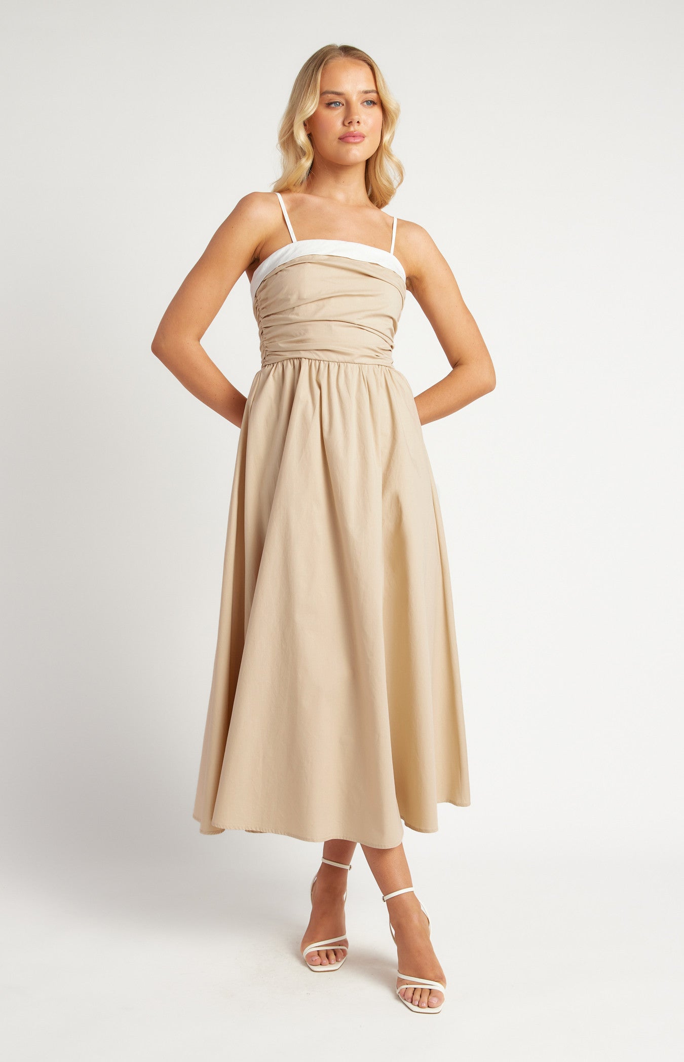 Cotton Contrast Neckline Ruched Bodice Midi Dress